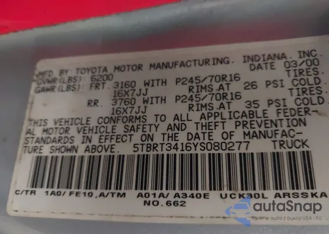 2000 Toyota Tundra Sr5 V8 from USA, damaged, VIN 5TBRT3416YS080277
